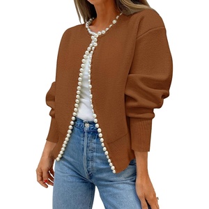 image:imageZESICA Womens Pearls Trim Open Front Cardigan SweaterBrown