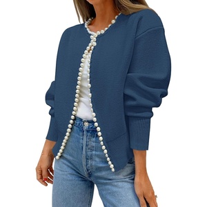 image:imageZESICA Womens Pearls Trim Open Front Cardigan SweaterDarkblue