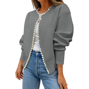 image:imageZESICA Womens Pearls Trim Open Front Cardigan SweaterGrey