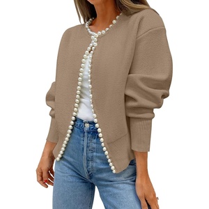 image:imageZESICA Womens Pearls Trim Open Front Cardigan SweaterKhaki