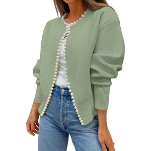 image:imageZESICA Womens Pearls Trim Open Front Cardigan SweaterPea Green