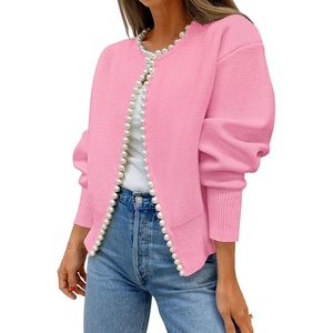 image:imageZESICA Womens Pearls Trim Open Front Cardigan SweaterPink