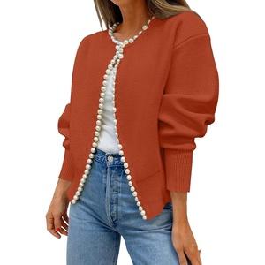 image:imageZESICA Womens Pearls Trim Open Front Cardigan SweaterRust
