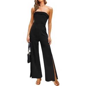 image:imageZESICA Womens Strapless Jumpsuit Casual Off Shoulder High Waist Wide Leg Side Slit Long Romper Playsuits with PocketsBlack