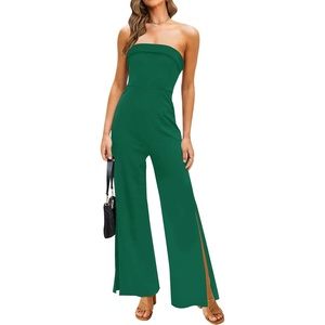 image:imageZESICA Womens Strapless Jumpsuit Casual Off Shoulder High Waist Wide Leg Side Slit Long Romper Playsuits with PocketsDarkgreen