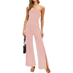 image:imageZESICA Womens Strapless Jumpsuit Casual Off Shoulder High Waist Wide Leg Side Slit Long Romper Playsuits with PocketsDustypink