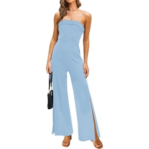image:imageZESICA Womens Strapless Jumpsuit Casual Off Shoulder High Waist Wide Leg Side Slit Long Romper Playsuits with PocketsLightblue