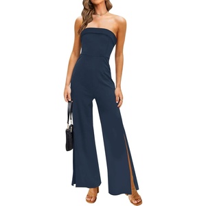 image:imageZESICA Womens Strapless Jumpsuit Casual Off Shoulder High Waist Wide Leg Side Slit Long Romper Playsuits with PocketsNavy