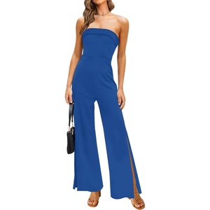 image:imageZESICA Womens Strapless Jumpsuit Casual Off Shoulder High Waist Wide Leg Side Slit Long Romper Playsuits with PocketsRoyalblue