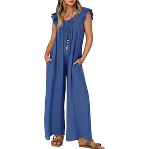 image:imageZESICA Womens Summer Loose Jumpsuit Casual V Neck Sleeveless Oversized Wide Leg Pant Overalls Romper with PocketsBlue