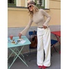 image:imageZESICA Womens Fall Bell Long Sleeve Knit Sweaters Scalloped Mock Neck TopsAlmond