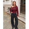 image:imageZESICA Womens Fall Off Shoulder Cinched Waist Cropped Sweaters TrendyWine