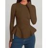 image:imageZESICA Womens Fall Ruffle Peplum Sweaters Cropped Pullover TopsBrown