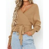 image:imageZESICA Womens Fall Wrap V Neck Belted Ruffle Sweater TopCamel