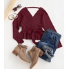 image:imageZESICA Womens Fall Wrap V Neck Belted Ruffle Sweater TopWine