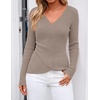 image:imageZESICA Womens Fall Wrap V Neck Ruched Sweaters Long Sleeve Ribbed Tops 2026Khaki