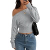 image:imageZESICA Womens Fall Off Shoulder Cinched Waist Cropped Sweaters TrendyGray