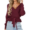 image:imageZESICA Womens Fall Wrap V Neck Belted Ruffle Sweater TopWine