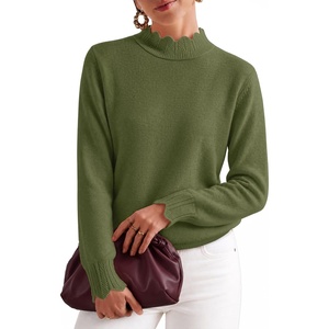 image:imageZESICA Fall 2026 Scalloped Mock Neck Pullover Sweaters for WomenArmygreen