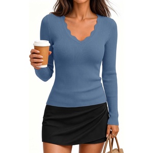 image:imageZESICA Fall V Neck Sweaters for Women Long Sleeve Ribbed Knit TopsDusty Blue
