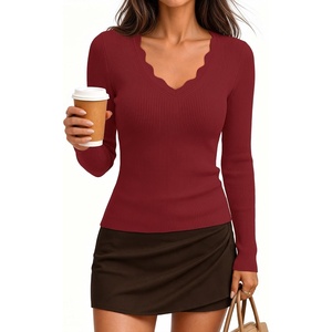image:imageZESICA Fall V Neck Sweaters for Women Long Sleeve Ribbed Knit TopsRed