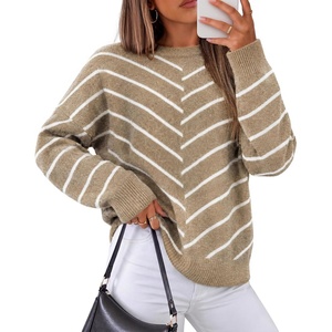 image:imageZESICA Womens 2026 Casual Long Sleeve Striped Pullover SweatersBrown