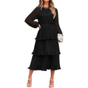 image:imageZESICA Womens 2026 Chiffon Tiered Long Sleeve DressesBlack