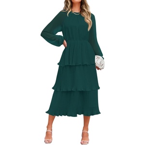 image:imageZESICA Womens 2026 Chiffon Tiered Long Sleeve DressesDarkgreen