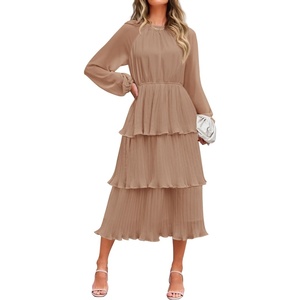 image:imageZESICA Womens 2026 Chiffon Tiered Long Sleeve DressesKhaki