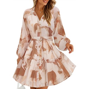 image:imageZESICA Womens 2026 Fall Long Sleeve Floral Mini DressBrown