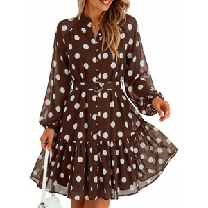 image:imageZESICA Womens 2026 Fall Long Sleeve Floral Mini DressBrown Dot