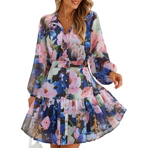 image:imageZESICA Womens 2026 Fall Long Sleeve Floral Mini DressDark Blue