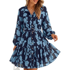 image:imageZESICA Womens 2026 Fall Long Sleeve Floral Mini DressDusty Blue