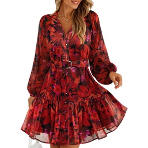 image:imageZESICA Womens 2026 Fall Long Sleeve Floral Mini DressRed