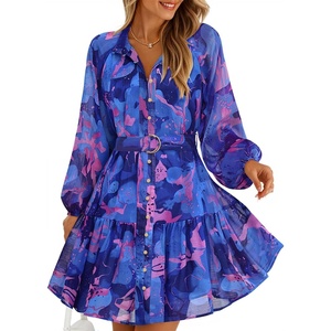 image:imageZESICA Womens 2026 Fall Long Sleeve Floral Mini DressRoyal Blue
