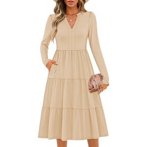image:imageZESICA Womens 2026 Fall Long Sleeve Ruffle Midi DressesApricot
