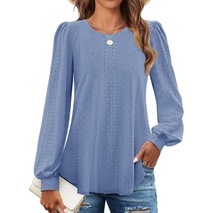 image:imageZESICA Womens 2026 Fall Long Sleeve Tops Casual Eyelet Crew Neck BlousesBlue