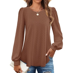 image:imageZESICA Womens 2026 Fall Long Sleeve Tops Casual Eyelet Crew Neck BlousesCaramel