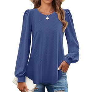 image:imageZESICA Womens 2026 Fall Long Sleeve Tops Casual Eyelet Crew Neck BlousesDarkblue