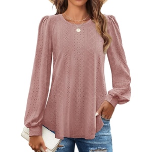 image:imageZESICA Womens 2026 Fall Long Sleeve Tops Casual Eyelet Crew Neck BlousesDusty Pink