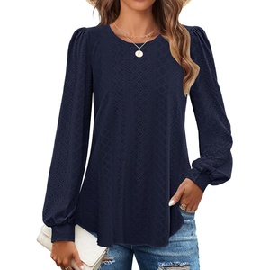 image:imageZESICA Womens 2026 Fall Long Sleeve Tops Casual Eyelet Crew Neck BlousesNavy