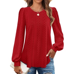 image:imageZESICA Womens 2026 Fall Long Sleeve Tops Casual Eyelet Crew Neck BlousesRed