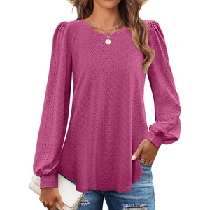 image:imageZESICA Womens 2026 Fall Long Sleeve Tops Casual Eyelet Crew Neck BlousesRosered