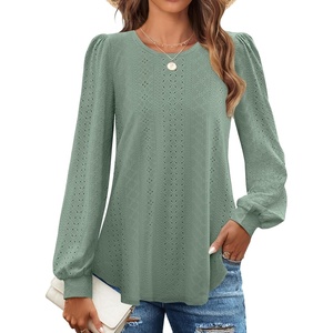 image:imageZESICA Womens 2026 Fall Long Sleeve Tops Casual Eyelet Crew Neck BlousesSage