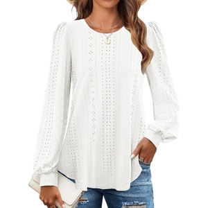 image:imageZESICA Womens 2026 Fall Long Sleeve Tops Casual Eyelet Crew Neck BlousesWhite