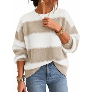 image:imageZESICA Womens 2026 Fall Oversized Striped Cozy Casual Long Sleeve SweatersLight Khaki