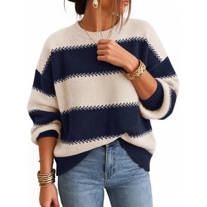 image:imageZESICA Womens 2026 Fall Oversized Striped Cozy Casual Long Sleeve SweatersNavy