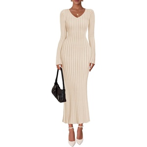 image:imageZESICA Womens 2026 Spring Sweater Dress Long Sleeve V Neck Ribbed Knit Party Cocktail Bodycon Maxi DressesApricot