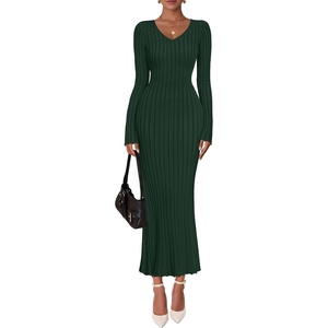 image:imageZESICA Womens 2026 Spring Sweater Dress Long Sleeve V Neck Ribbed Knit Party Cocktail Bodycon Maxi DressesDarkgreen