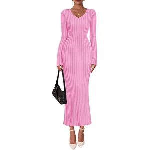 image:imageZESICA Womens 2026 Spring Sweater Dress Long Sleeve V Neck Ribbed Knit Party Cocktail Bodycon Maxi DressesPink